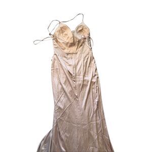 Cinderella Divine Womens Nude Cowl Neck Satin Sleeveless Slit Formal Gown Size 6